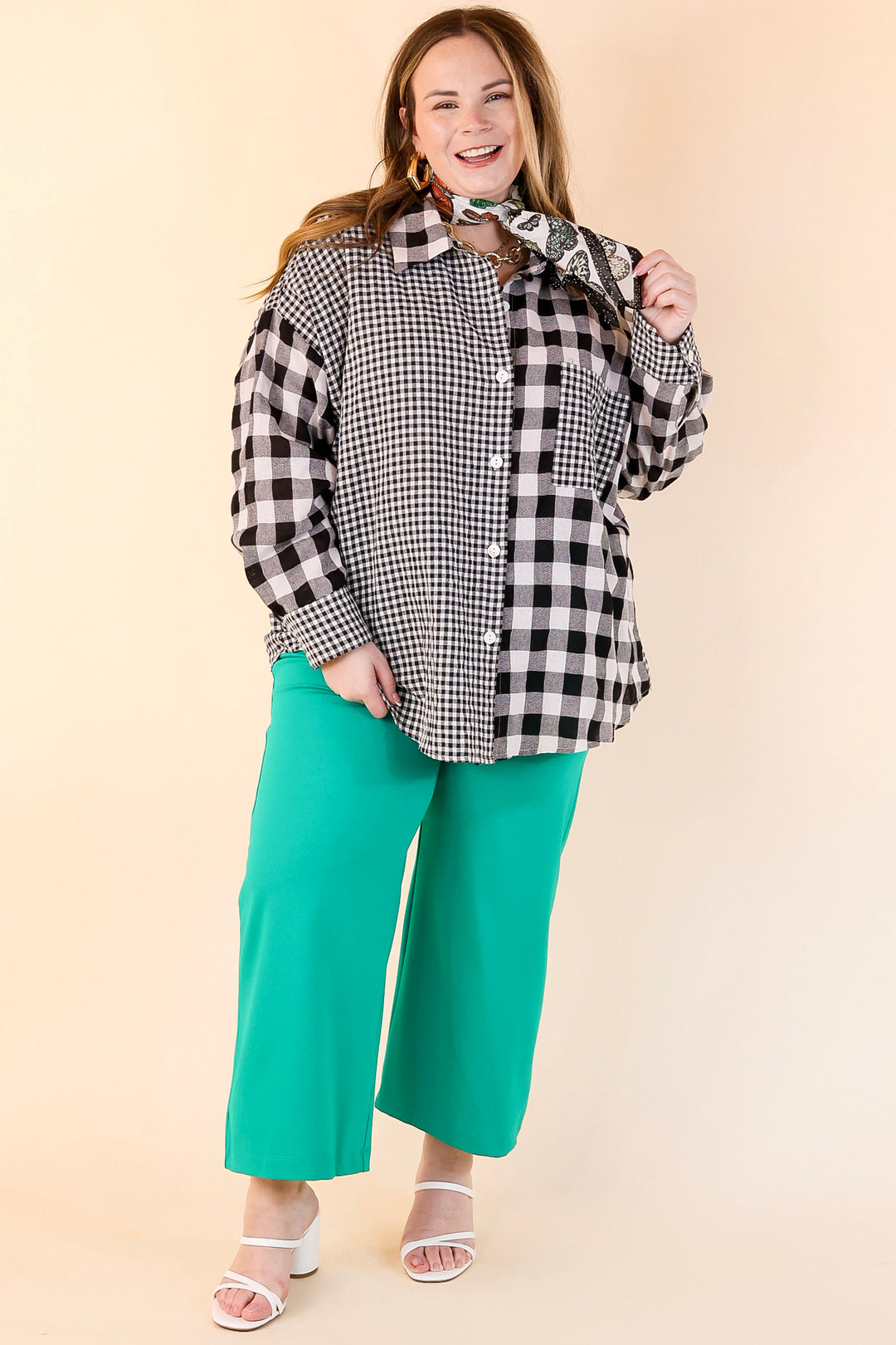 Waiting For You Mix Plaid Button Up Top in Black