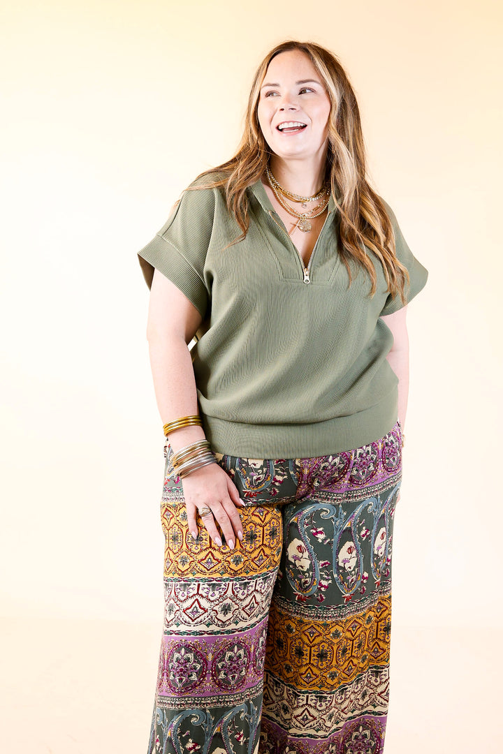 Top Priority Half Zip Collared Ribbed Top in Olive Green