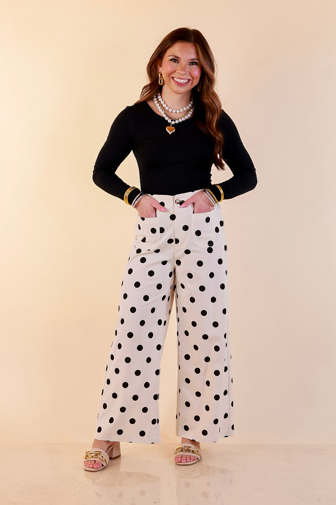 Spot on Style Wide Leg Black Polka Dot Print Pant with Front Patch Pocket in Cream