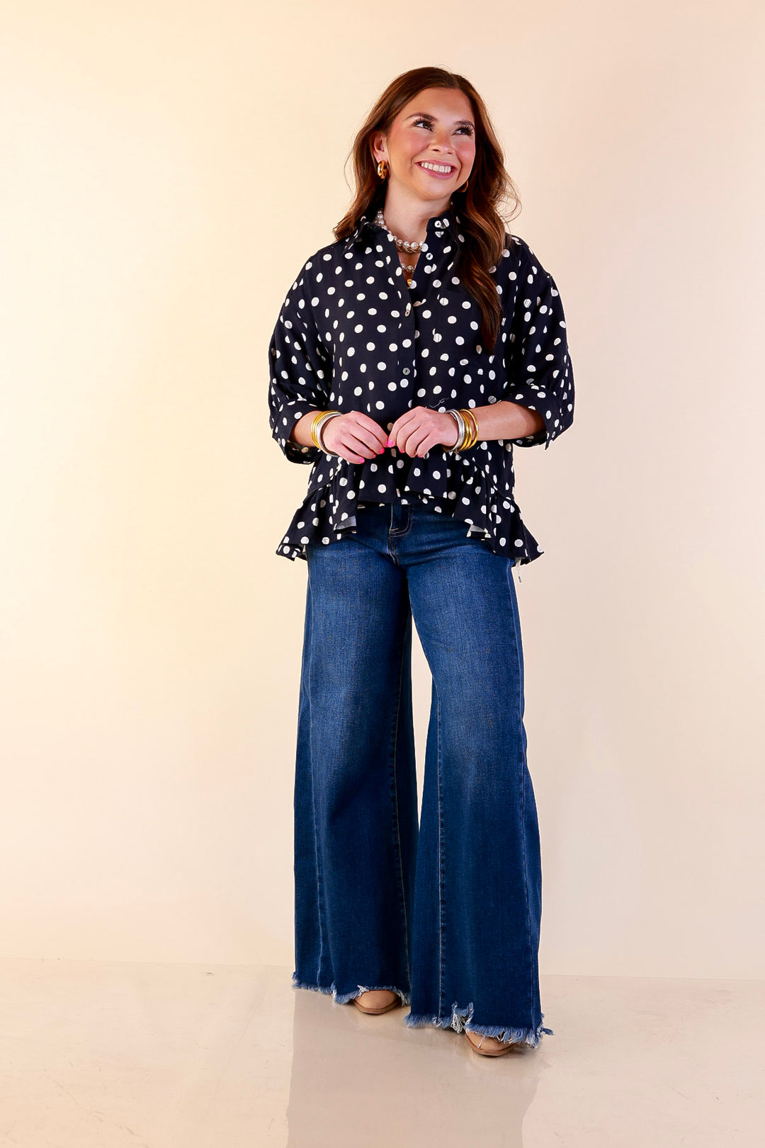 Style Agenda Button Down Peplum Top with Polka Dot Print in Navy Blue with Cream Dots