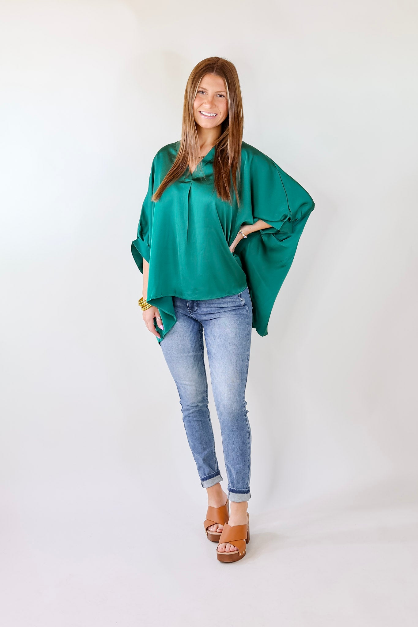 Irresistibly Chic Half Sleeve Oversized Blouse in Hunter Green - Giddy Up Glamour Boutique