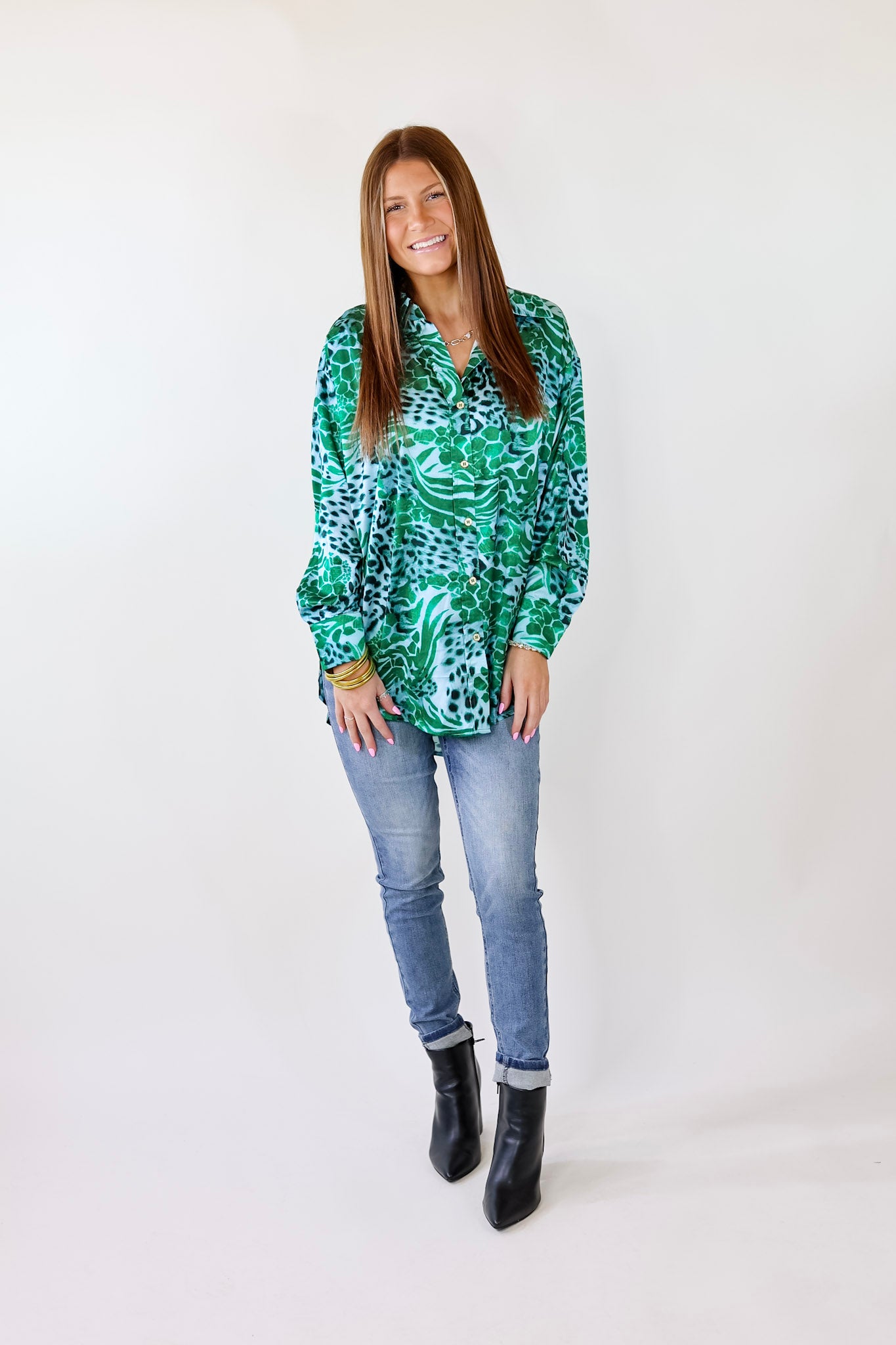 Tell Me Something Good Mixed Animal Print Long Sleeve Button Up Top in Green - Giddy Up Glamour Boutique