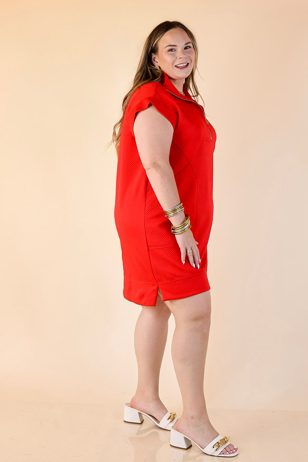 Modern Classic Cap Sleeve Dress with a Collar and Textured Detailing Dress in Red