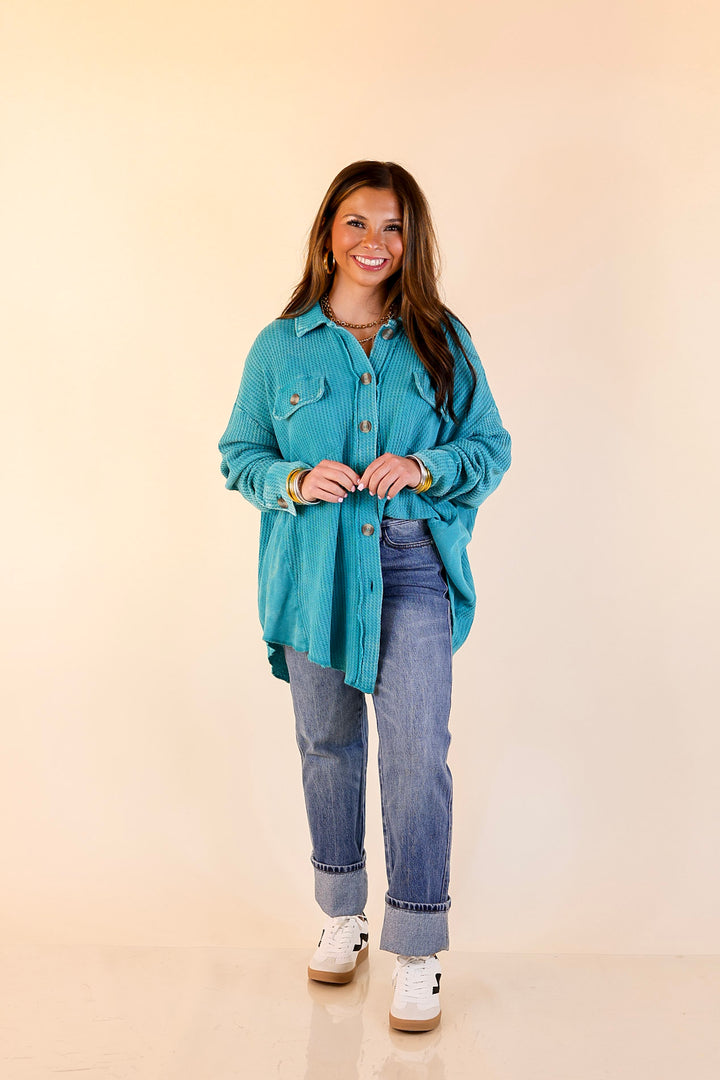 On the Move Long Sleeve Waffle Knit Button Up Shacket in Turquoise Blue