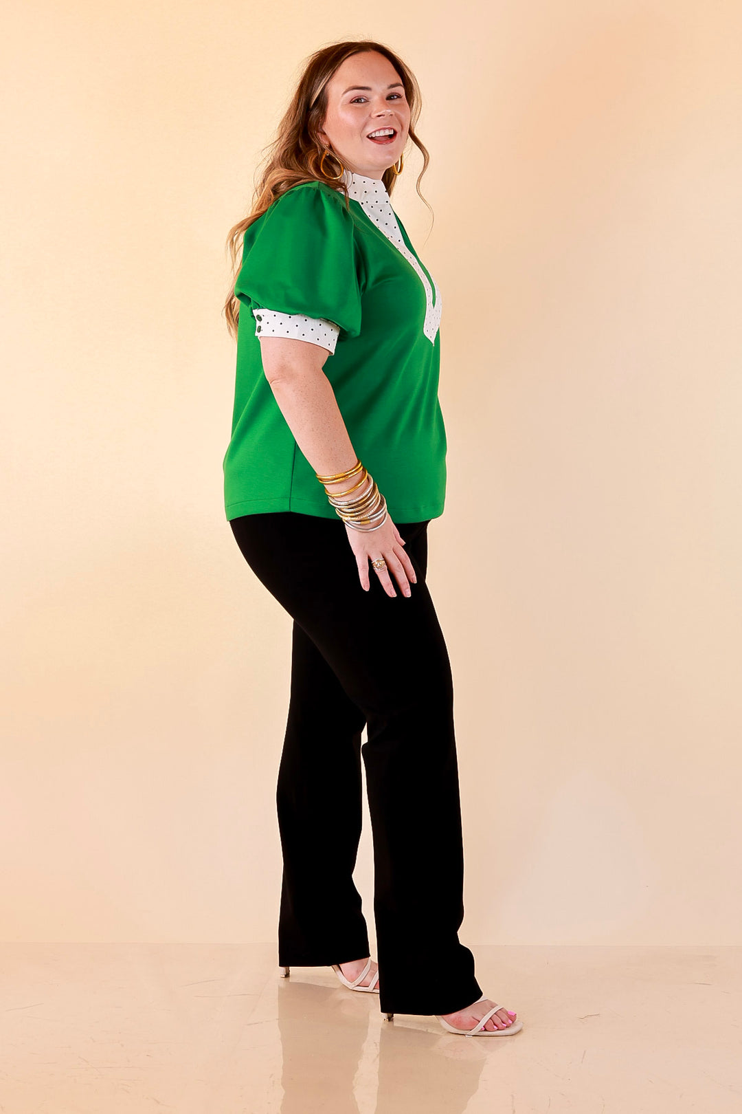 Confidently Yours Contrast Polka Dot Trim Puff Sleeve Top in Kelly Green