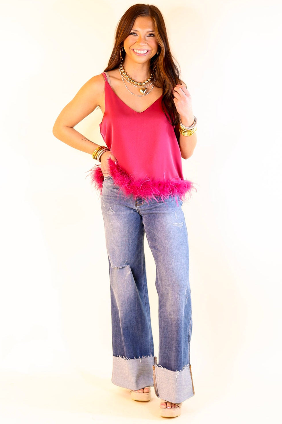 Out All Night Spaghetti Strap Top with Feather Hem in Magenta