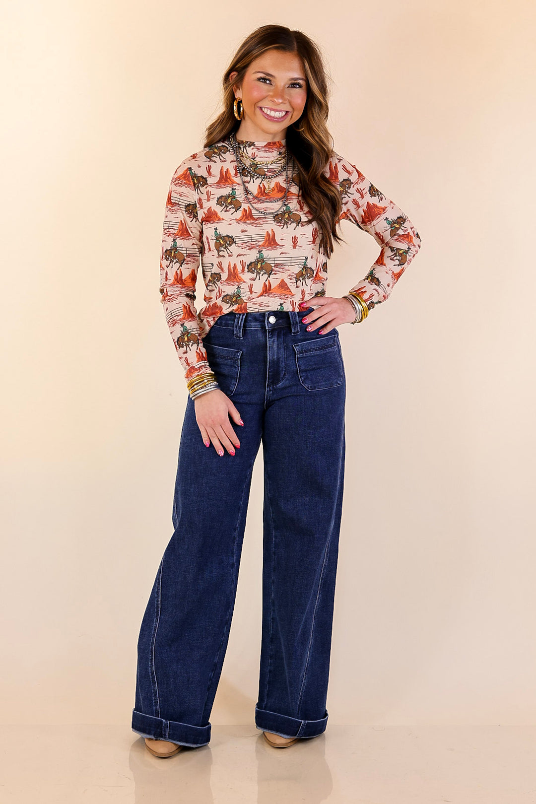 Sheer Confidence Western Red Rocks and Bronc Rider Mesh Long Sleeve Top in Cream