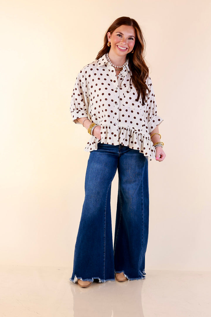 Style Agenda Button Down Peplum Top with Polka Dot Print in Cream and Chocolate Brown