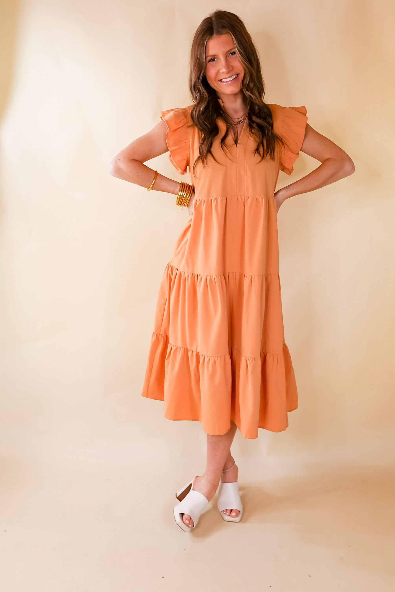 Magnolia Morning Ruffle Cap Sleeve Tiered Midi Dress in Sunset Orange - Giddy Up Glamour Boutique