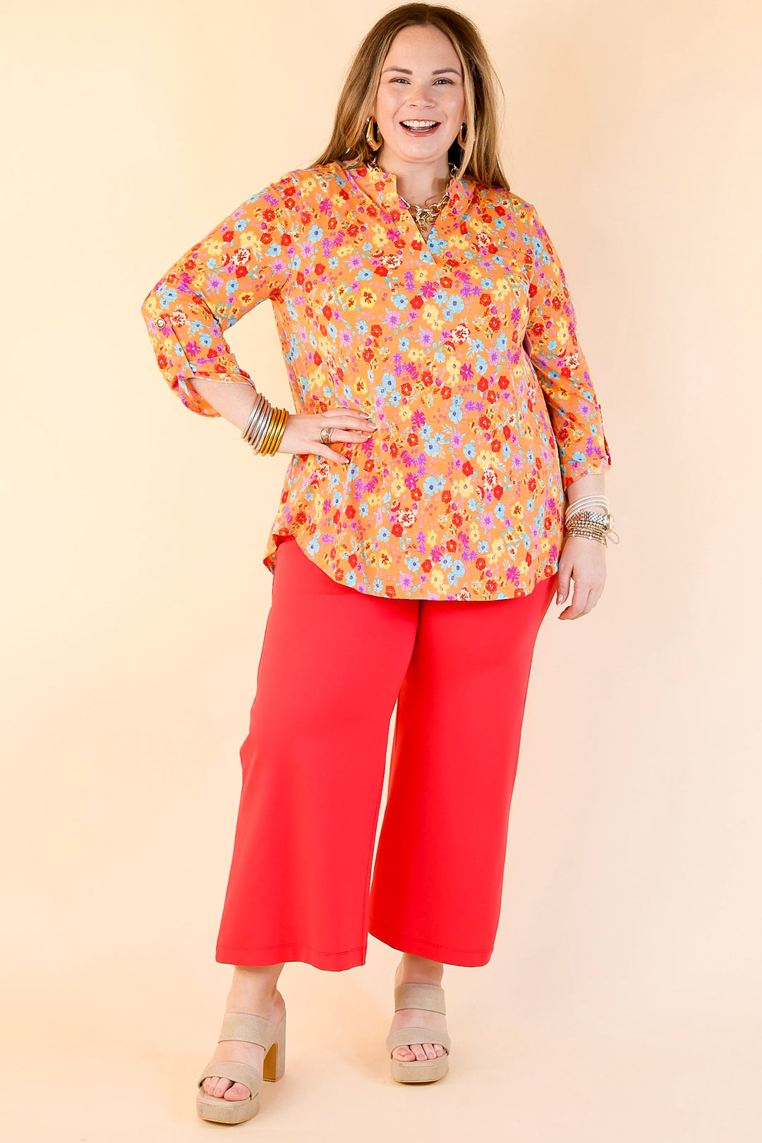 Urban Elegance Floral Print 3/4 Sleeve Tunic Top in Orange