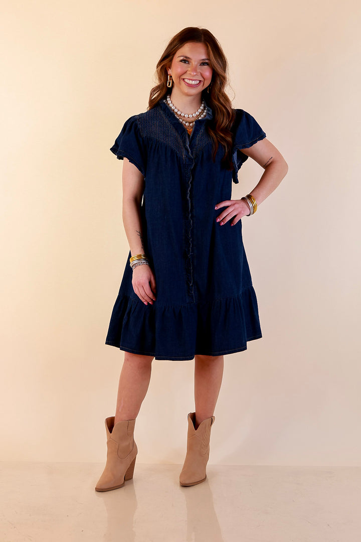 Day to Day Denim Smocked Yoke Dress with Ruffle Front and Flutter Sleeves in Dark Wash