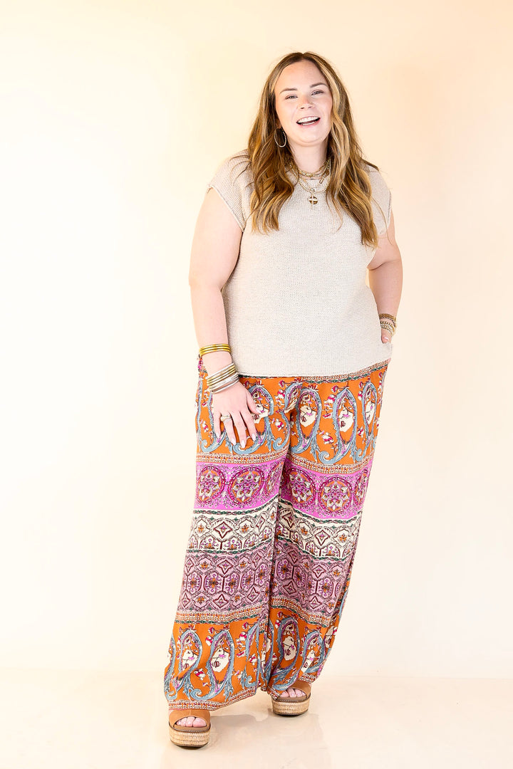 Slight Change Elastic Waist Floral Print Wide Leg Palazzo Pants in Rust Orange Mix