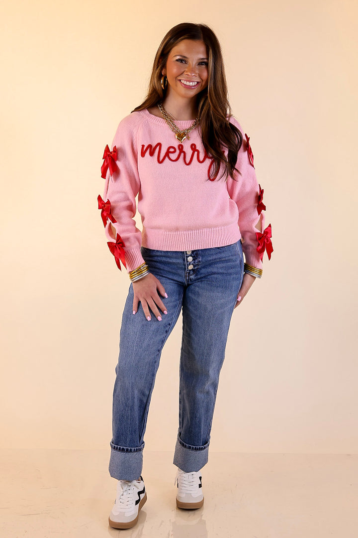 Simply Southern | Merry Moment Textured Knit Sweater with Red Bows in Pink
