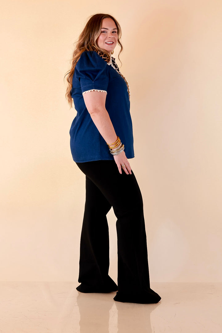 Chic in Command Contrast Leopard Print Trim with Ruffle Detailing Puff Sleeve Top in Denim