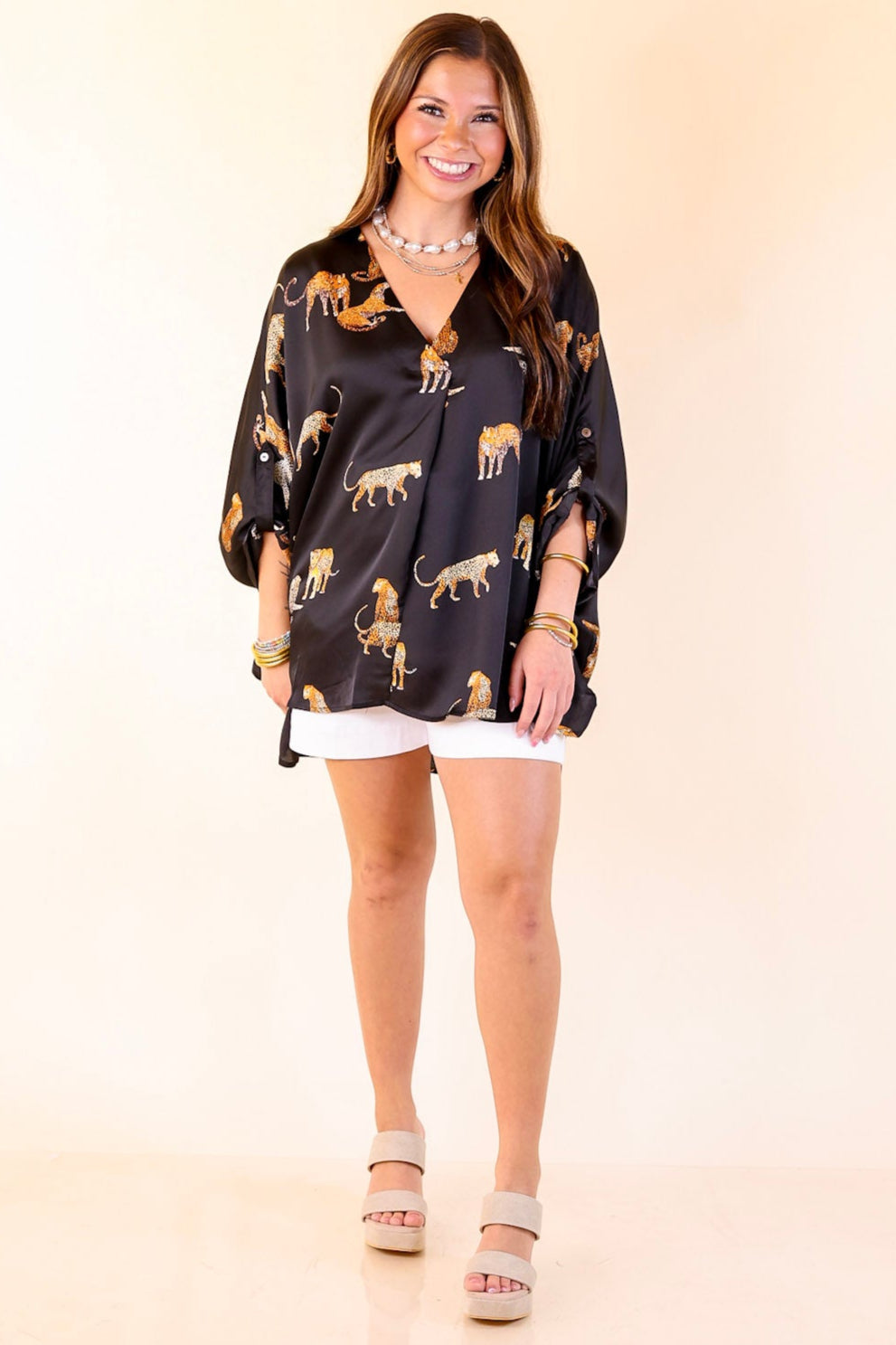 Staying Wild V-Neck Leopard Print 3/4 Sleeve Blouse in Black