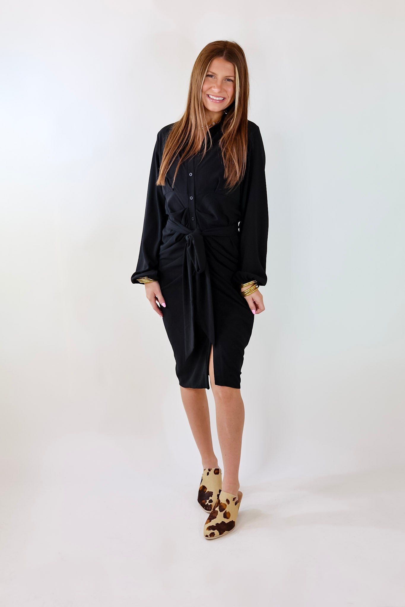 Heart On The Line Button Up Ruched Front Midi Dress with Waist Tie in Black - Giddy Up Glamour Boutique