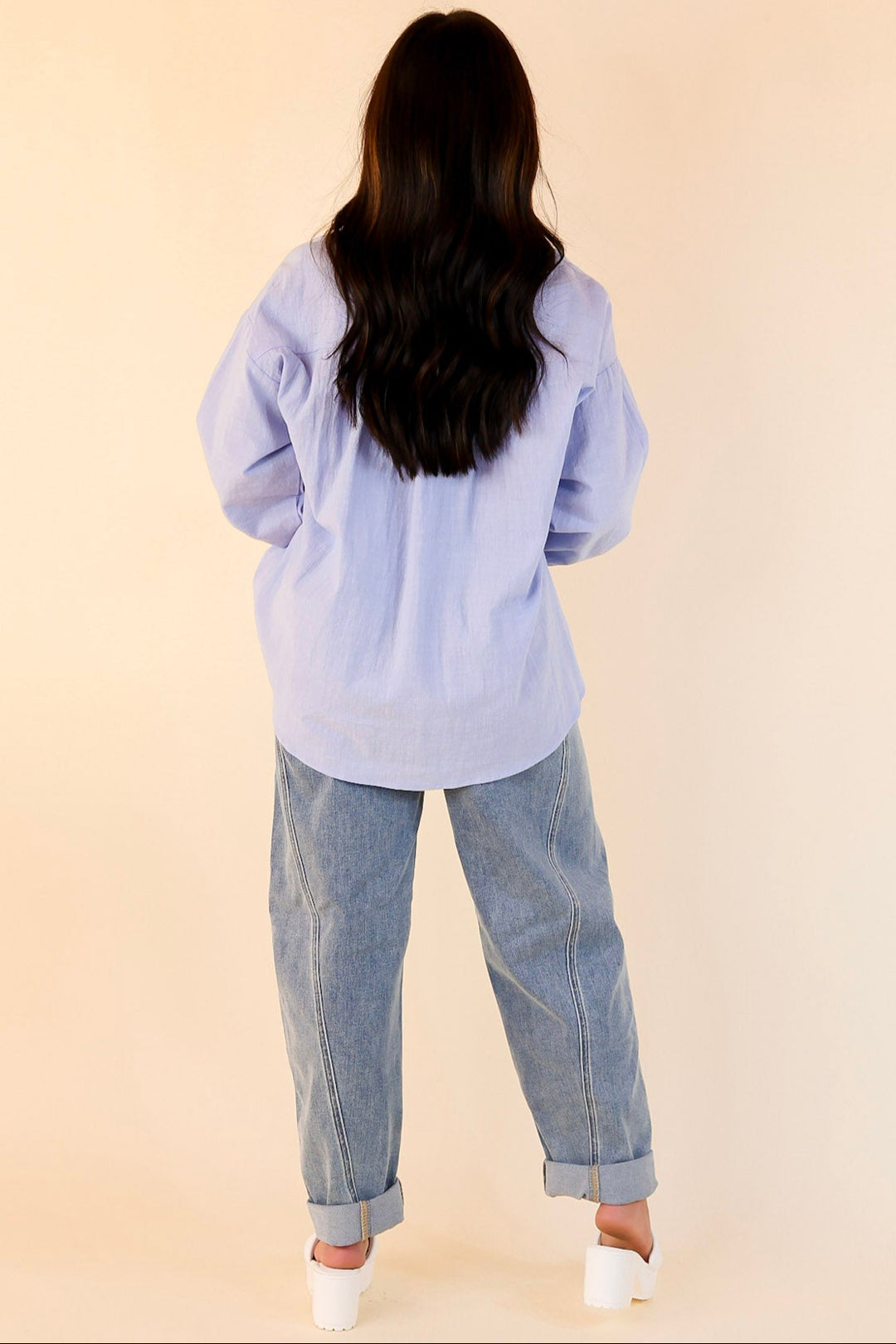 Don't Let Me Down Button Up Long Sleeve Top in Sky Blue