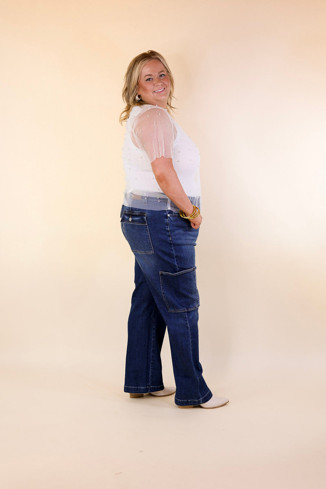 Shimmer in Style Mesh Short Sleeve Top with Pearls and Rhinestones in Off White