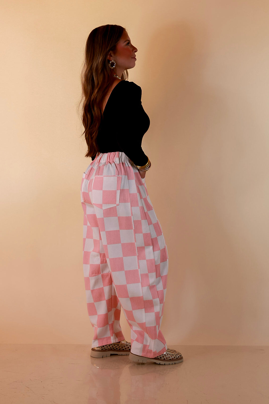 Check Me Out Wide Leg Checkered Print Barrel Denim Jean in Pink