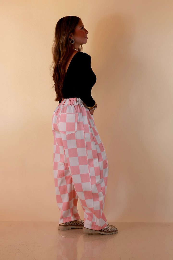 Check Me Out Wide Leg Checkered Print Barrel Denim Jean in Pink