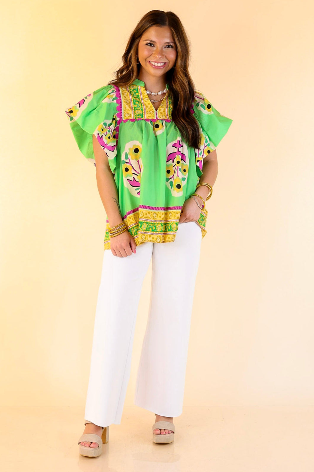 Floral Blush Short Sleeve Floral Shirt With Purple Rickrack in Green