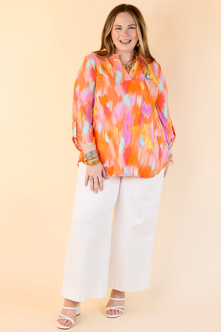 Urban Elegance Watercolor 3/4 Sleeve Tunic Top in Orange Mix