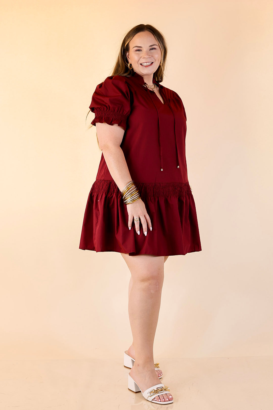 Sugar and Chic Peplum Solid Dress with Puff Sleeves in Maroon
