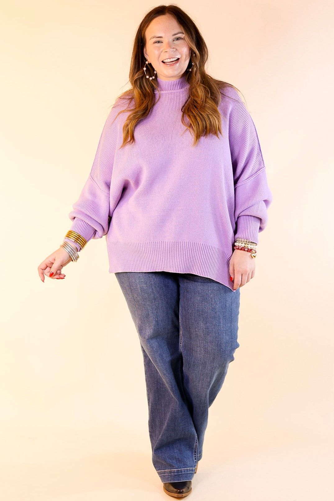 Snug and Stylish Mock Neck Sweater with Side Slit in Lavender Purple