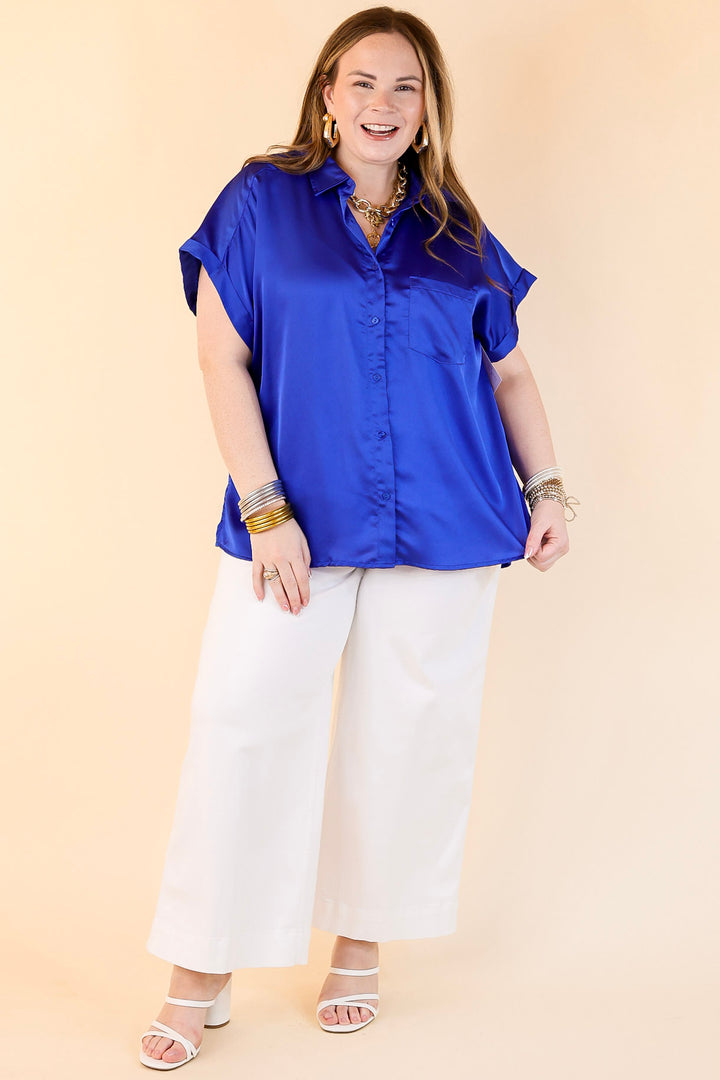 Free To Be Fab Button Up Short Sleeve Top in Royal Blue