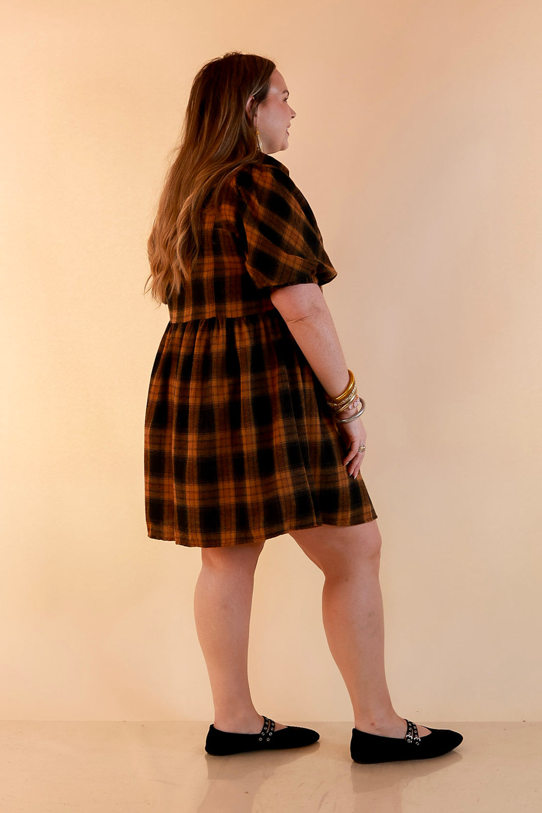 Adventures Ahead Plaid Button Up Babydoll Dress in Camel Brown