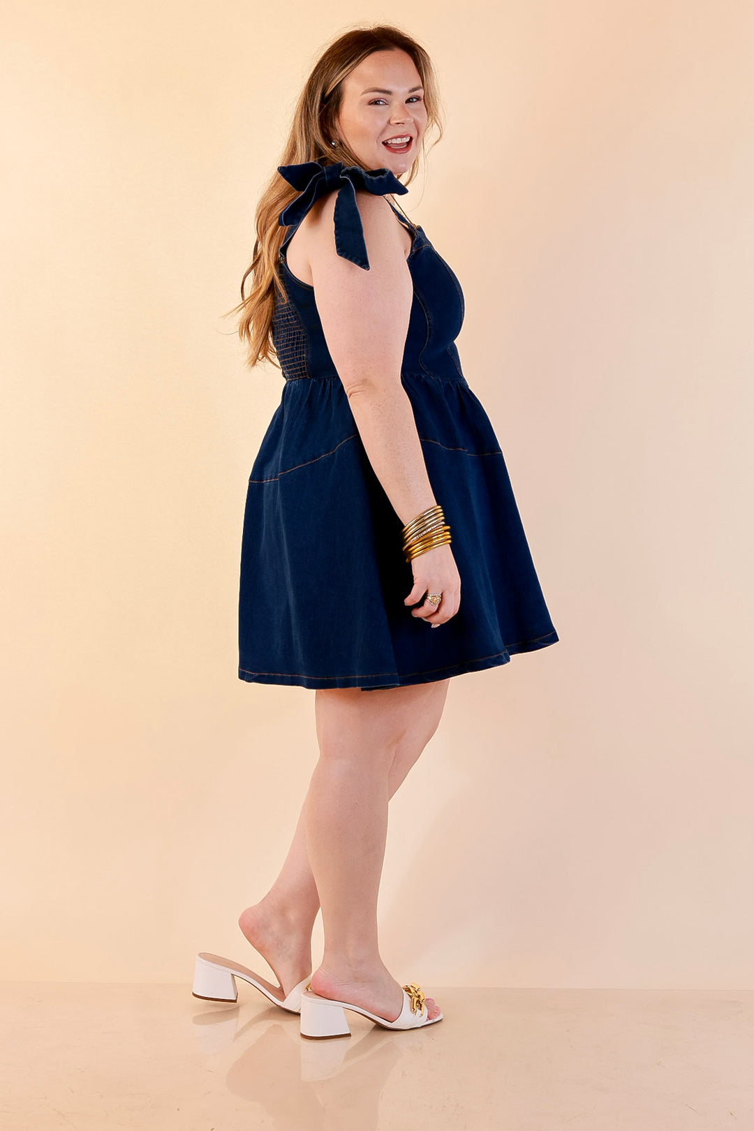 Denim Daydream Tie Shoulder Square Neck Tiered Corset Denim Mini Dress in Dark Wash