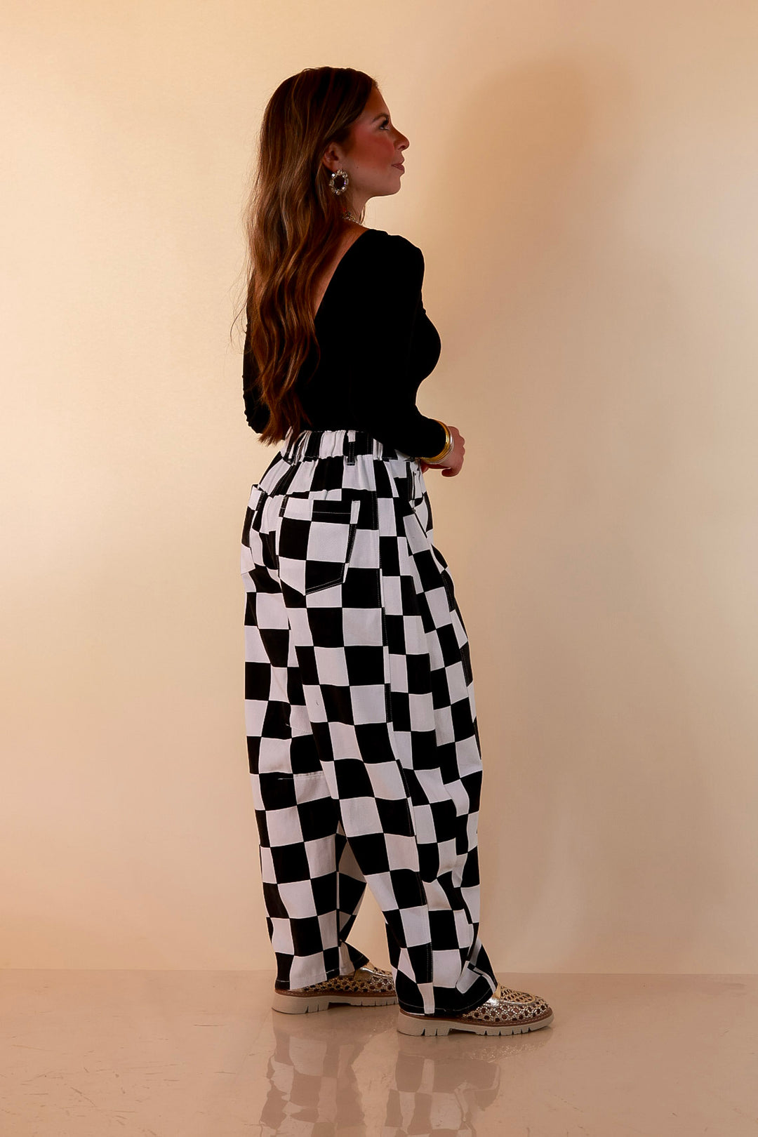Check Me Out Wide Leg Checkered Print Barrel Denim Jean in Black
