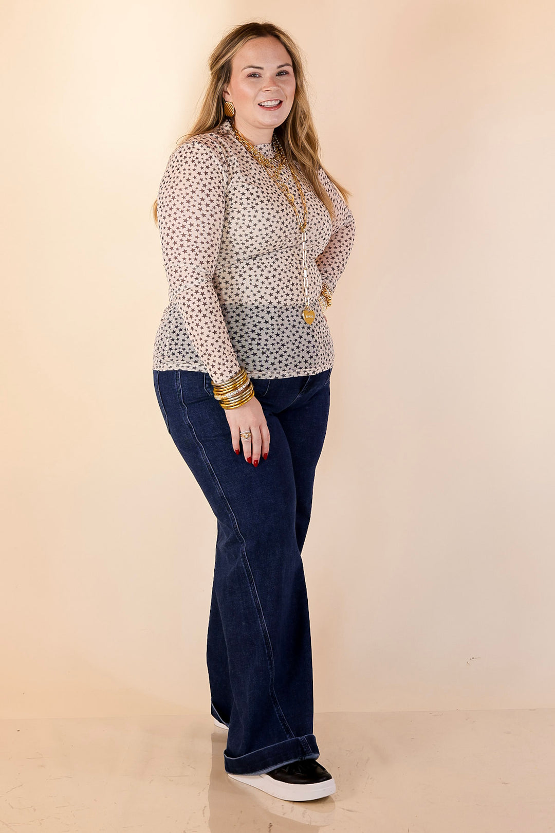 Western Dream Black Star Print Mesh Long Sleeve Top in Ivory