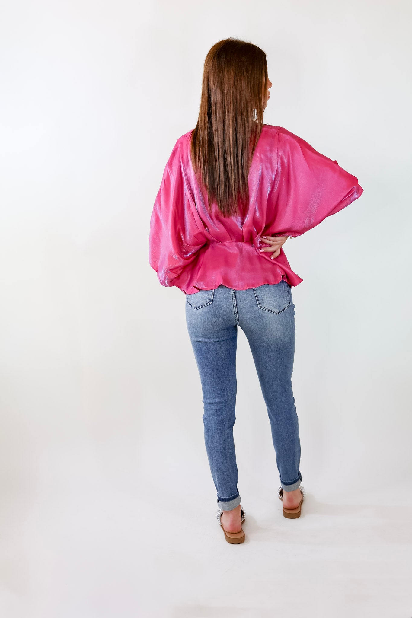 Hear the Music Drop Sleeve Satin V Neck Peplum Top in Iridescent Pink - Giddy Up Glamour Boutique