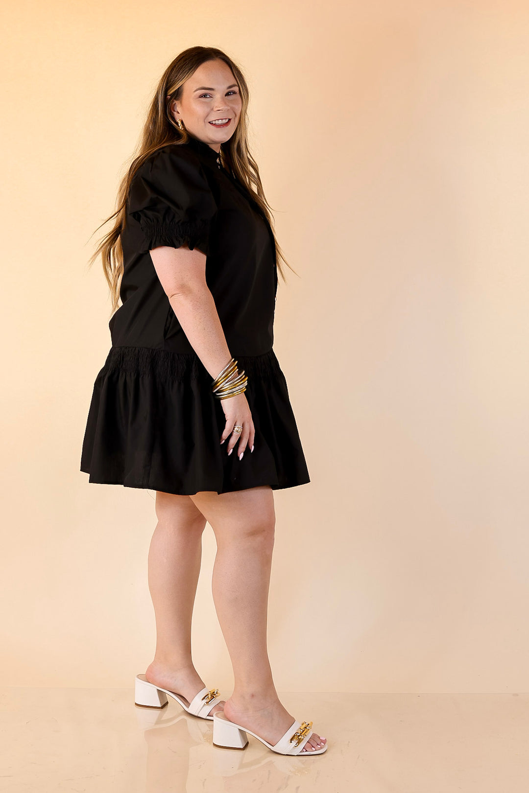 Sugar and Chic Peplum Solid Dress with Puff Sleeves in Black