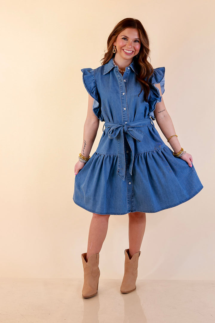 Ruffled up Ruffle Sleeve Button Front Denim Dress with Collar and Peplum Hem in Medium Wash