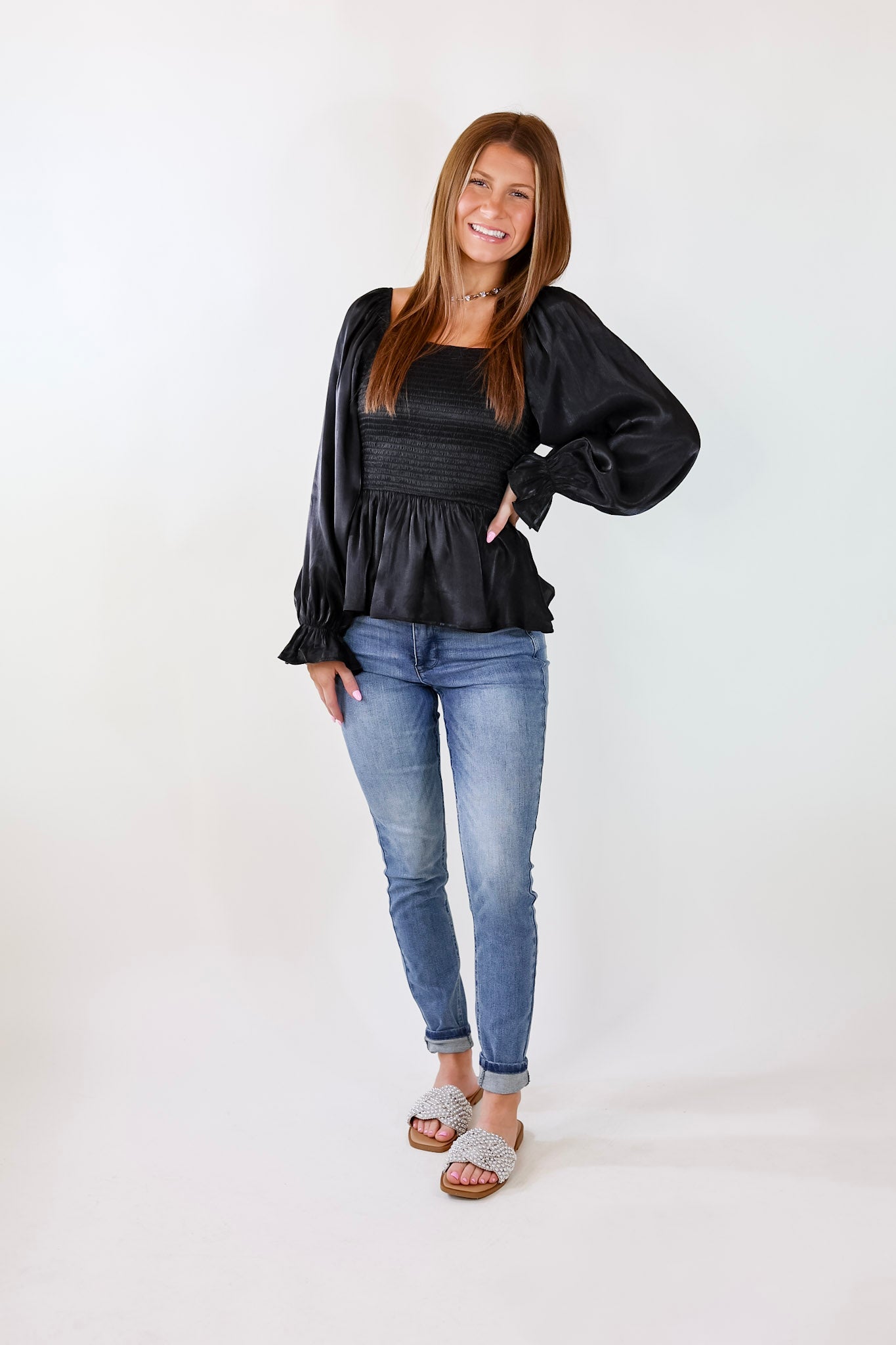 Perfect Vision Smocked Long Sleeve Top in Black - Giddy Up Glamour Boutique