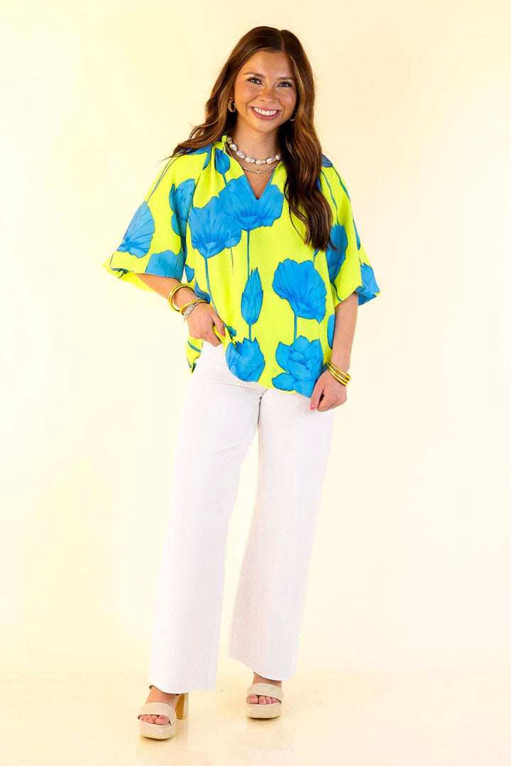 Puff & Petal V-Neck Blue Flower Print with Collar in Lime Green