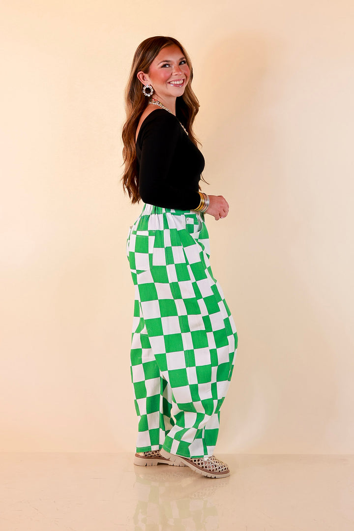 Check Me Out Wide Leg Checkered Print Barrel Denim Jean in Green