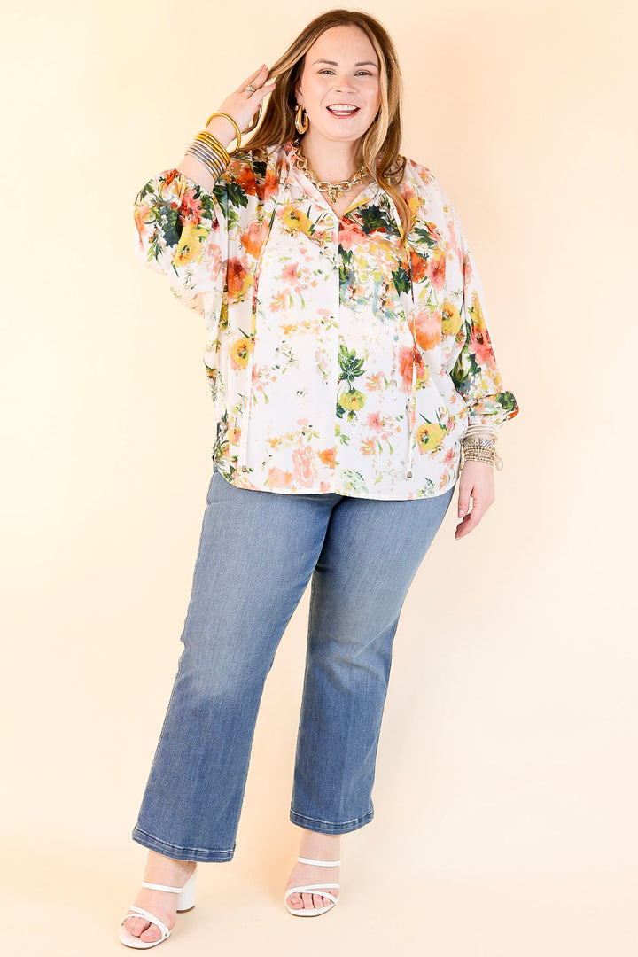 Hampton Hideout Floral Blouse with Keyhole and Tie Neckline in Off White