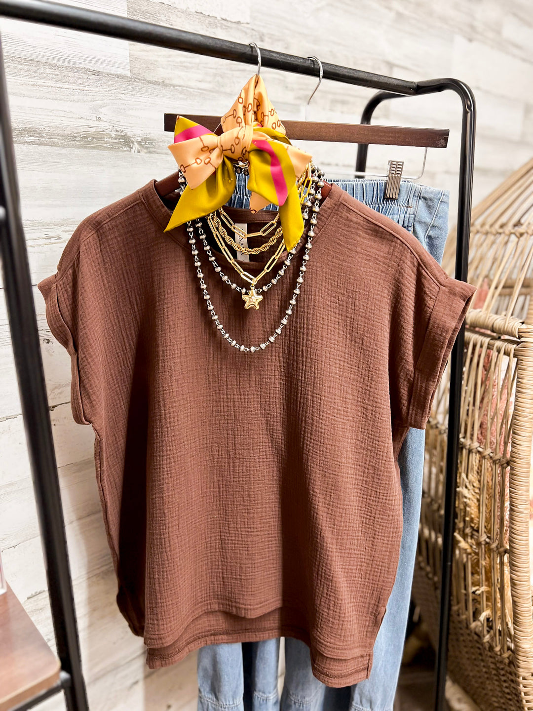 Always Appropriate Short Sleeve Linen Top with Rolled Sleeve Detail in Chocolate Brown
