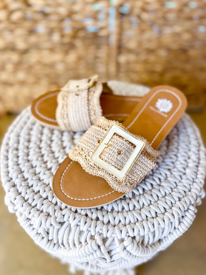 Yellow Box | Hamlyn Raffia Buckle Slide Sandals in Natural