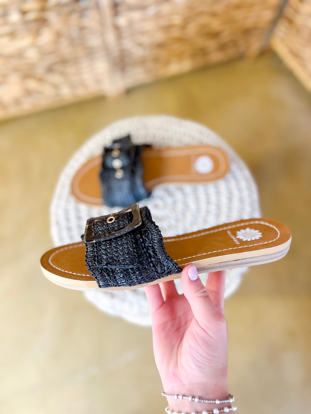 Yellow Box | Hamlyn Raffia Buckle Slide Sandals in Black