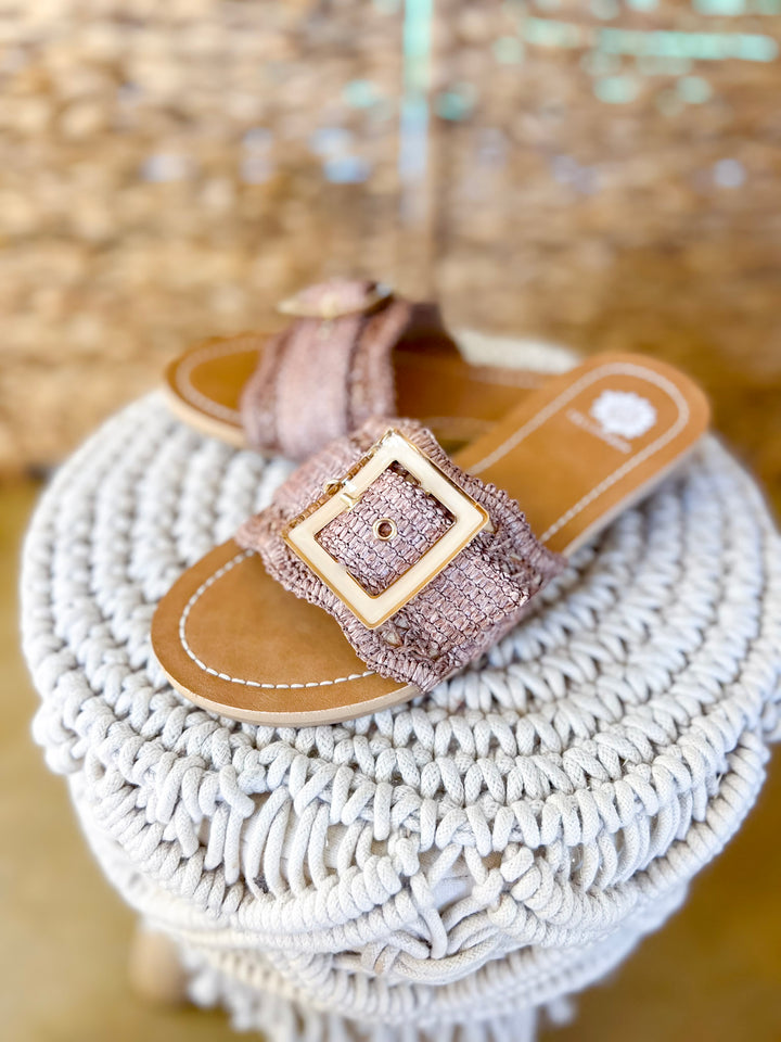 Yellow Box | Hamlyn Raffia Buckle Slide Sandals in Tan