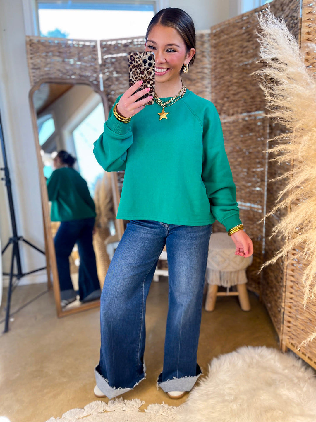 Relaxed and Refined Cropped Luxe Sweatshirt in Black, Kelly Green, and Forest Green