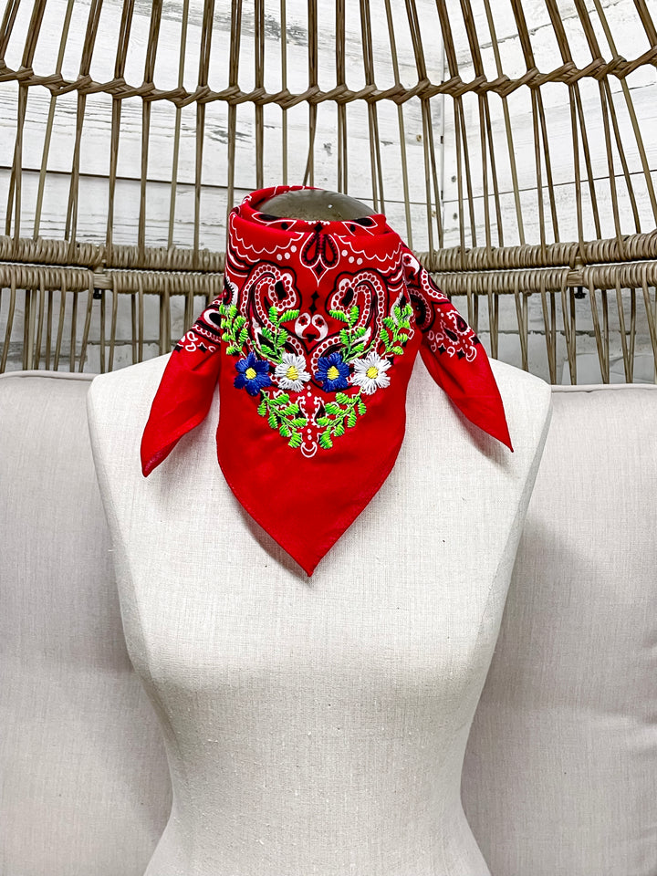 Floral Red White and Blue Embroidered Bandana in Red