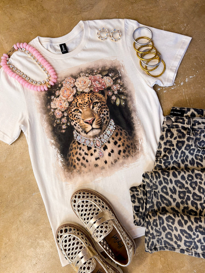 The Socialite Jeweled Printed Leopard with Floral Crown Short Sleeve Graphic Tee with Crystals in Cream