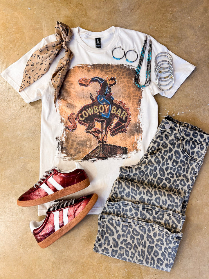 Cowboy Social Club Vintage Cowboy Bar Printed Short Sleeve Graphic Tee with Crystals in Cream