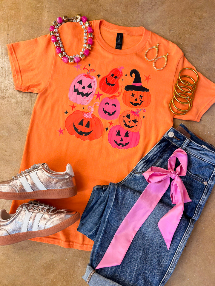 Up to No Gourd Pink &amp; Orange Jack-O’-Lantern Halloween Graphic Tee in Orange