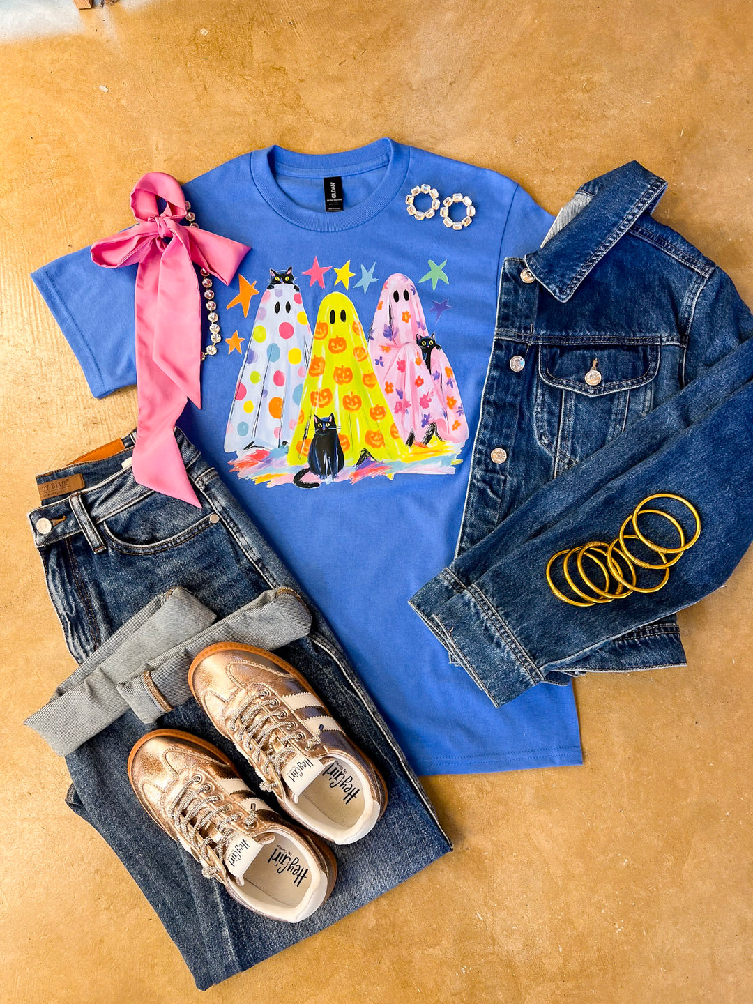 The Boo Crew Colorful Ghost Printed Halloween Graphic Tee in Periwinkle Blue